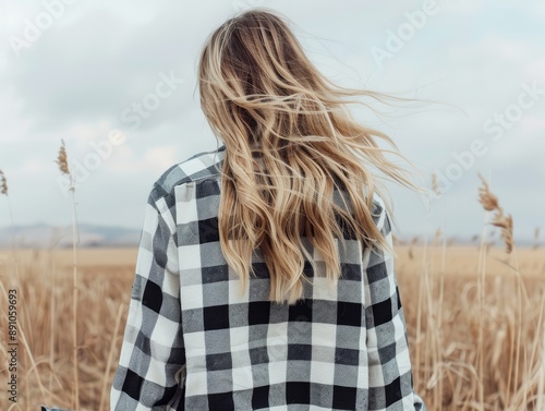 A rustic fashion girl in a cozy flannel shirt and jeans, walking through a countryside farm