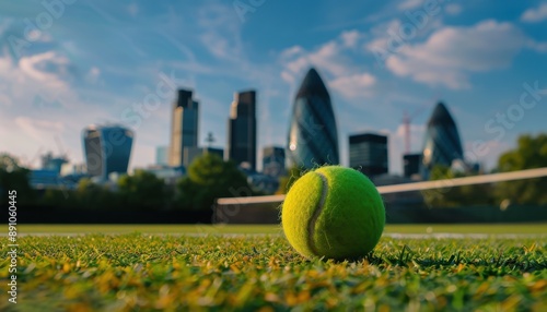 Tennis Ball on a Court in Front of the London Skyline