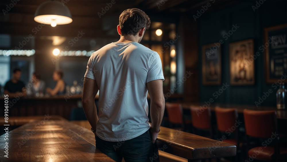 blind date concept , dating app, back view, young man standing alone, waiting for his date, at bar night club, romantic valentine atmosphere blind date concept , dating app, back view, young man standing alone, waiting for his date, at bar night club, romantic valentine atmosphere
