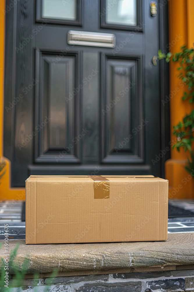 Fototapeta premium Online shopping delivery service concept with a cardboard parcel box delivered to the front door