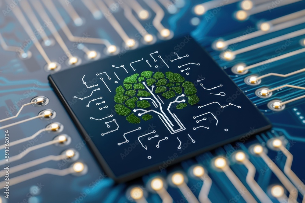 A green tree symbol displayed on a microchip, highlighting the concept of sustainable technology and eco-friendly innovations. A green tree symbol displayed on a microchip, highlighting the concept of sustainable technology and eco-friendly innovations.