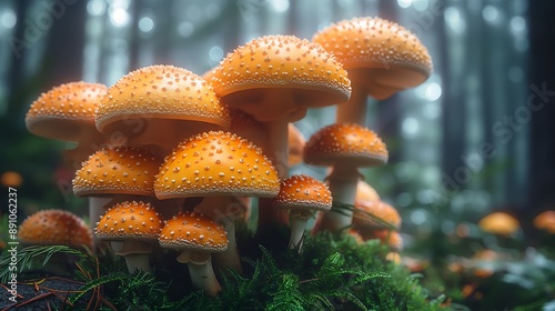 Cluster of mushrooms in forest, enchanting and natural, in autumnal colors for nature and woodland themes