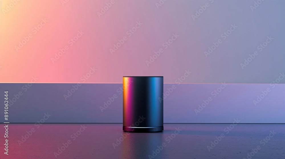 A sleek, black cylindrical object placed on a reflective surface, with ambient lighting casting colorful gradients of pink, purple, and orange hues on the wall behind it, creating a modern and artisti A sleek, black cylindrical object placed on a reflective surface, with ambient lighting casting colorful gradients of pink, purple, and orange hues on the wall behind it, creating a modern and artisti