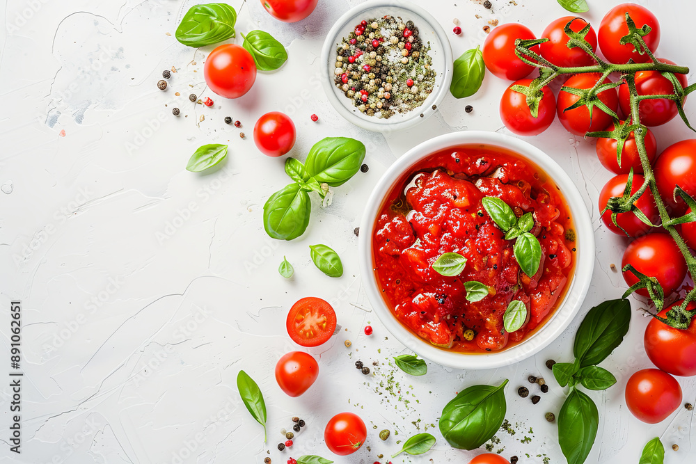 Fresh tomato sauce with basil and tomatoes on a white background, top view, flat lay, copy space for Italian food recipes Fresh tomato sauce with basil and tomatoes on a white background, top view, flat lay, copy space for Italian food recipes