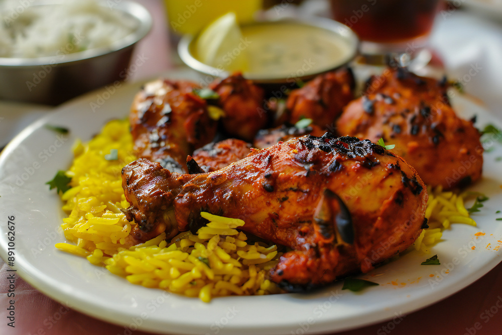 Delicious Tandoori Chicken with Spicy Flavors and Rice: A Traditional Indian Cuisine Dish Delicious Tandoori Chicken with Spicy Flavors and Rice: A Traditional Indian Cuisine Dish