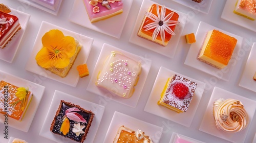 A variety of colorful, square pastries arranged neatly on white plates. Each pastry is decorated with vibrant toppings like flowers, fruit, and intricate icing designs, creating an artistic and appeti photo