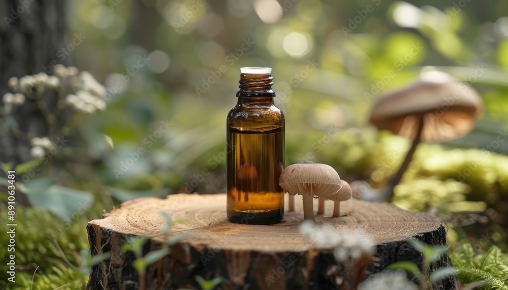 Brown Glass Bottle of Essential Oil on Tree Stump in Forest With Mushrooms Brown Glass Bottle of Essential Oil on Tree Stump in Forest With Mushrooms
