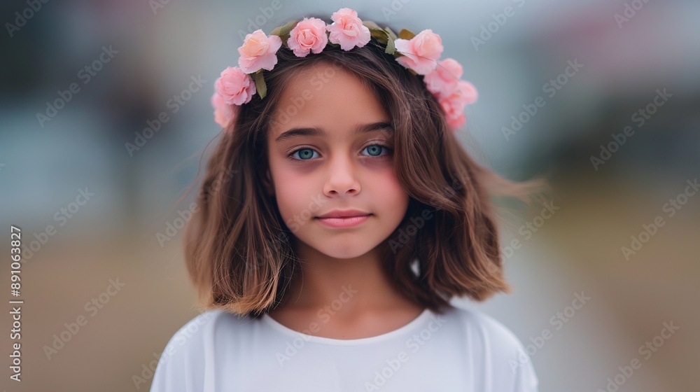 A close-up portrait of a cute girl with short hair, wearing a white shirt and a pink flower crown, looking at the camera against a blurred background A close-up portrait of a cute girl with short hair, wearing a white shirt and a pink flower crown, looking at the camera against a blurred background