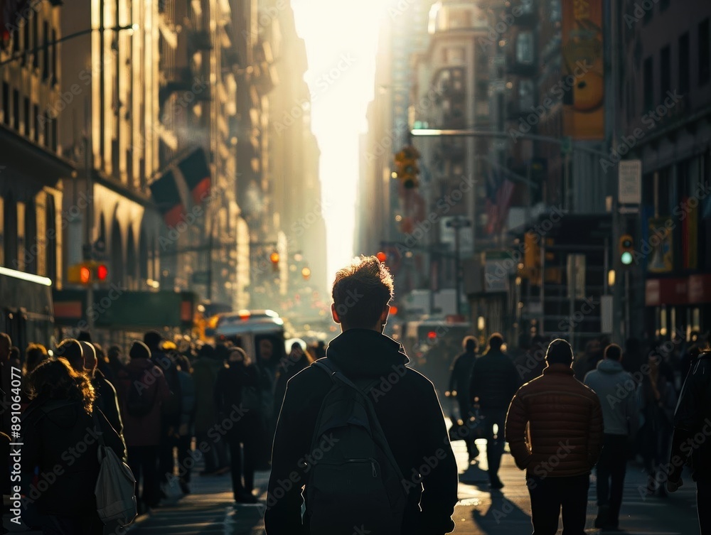 A person walks through a busy city street bathed in golden light, surrounded by crowds and tall buildings in the early morning. A person walks through a busy city street bathed in golden light, surrounded by crowds and tall buildings in the early morning.