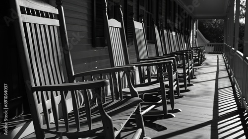 Row of Empty Wooden Rocking Chairs on the Porch of an Old Country House, with Sunlight Casting Long Shadows, Featuring the Textures of Wood and Wicker in a Black and White Composition photo