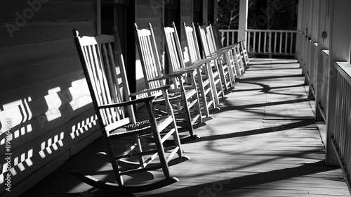 Row of Empty Wooden Rocking Chairs on the Porch of an Old Country House, with Sunlight Casting Long Shadows, Featuring the Textures of Wood and Wicker in a Black and White Composition