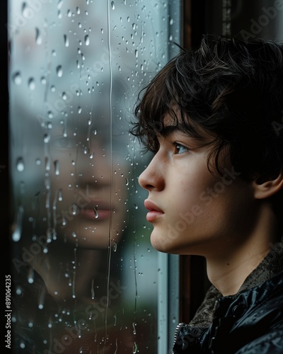 Young person gazing out a rainy window, reflecting on life. The photo captures a sense of contemplation and introspection.