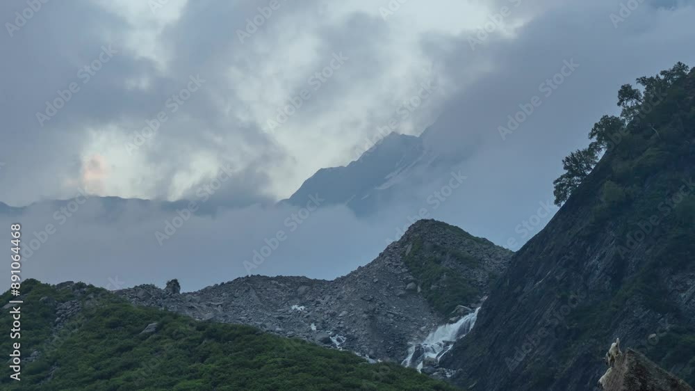 custom made wallpaper toronto digital4K Zoom out timelapse of Beas River flowing as waterfall in mountains near its origin Beas kund in Himachal Pradesh, India. Dark monsoon clouds moving over Himalaya mountains.