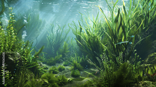Display a range of aquatic plants, including kelp forests, seagrass meadows, and floating algae. Highlight the lush greenery and movement of these plants in the ocean currents.  © Mmmdrza