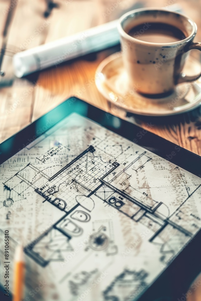 A computer monitor displays a drawing of a house with a coffee cup on a wooden table in front of it. Concept of creativity and design, as the house is being drawn on the screen A computer monitor displays a drawing of a house with a coffee cup on a wooden table in front of it. Concept of creativity and design, as the house is being drawn on the screen