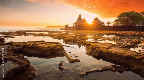 Ancient pura ulun danu bratan, besakih or famous hindu temple and tourist in bali island at sunrise