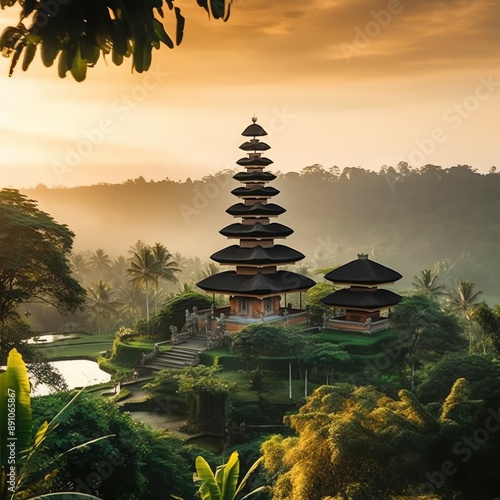Ancient pura ulun danu bratan, besakih or famous hindu temple and tourist in bali island at sunrise