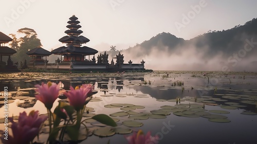 Ancient pura ulun danu bratan, besakih or famous hindu temple and tourist in bali island at sunrise