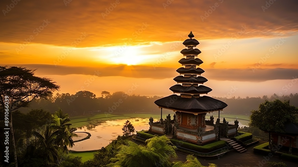 Ancient pura ulun danu bratan, besakih or famous hindu temple and tourist in bali island at sunrise Ancient pura ulun danu bratan, besakih or famous hindu temple and tourist in bali island at sunrise