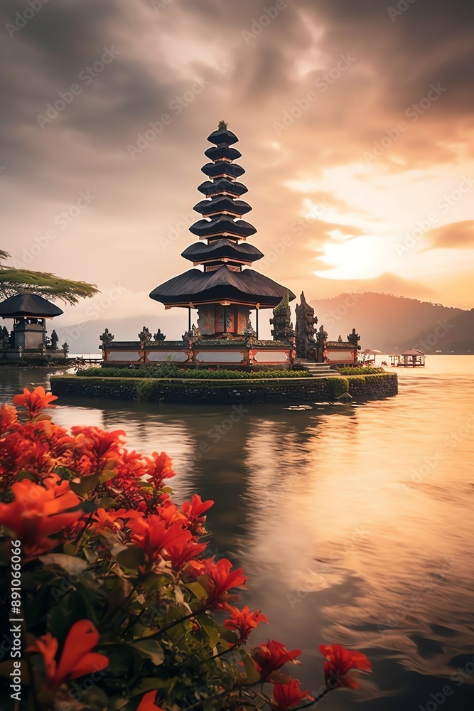 Ancient pura ulun danu bratan, besakih or famous hindu temple and tourist in bali island at sunrise Ancient pura ulun danu bratan, besakih or famous hindu temple and tourist in bali island at sunrise