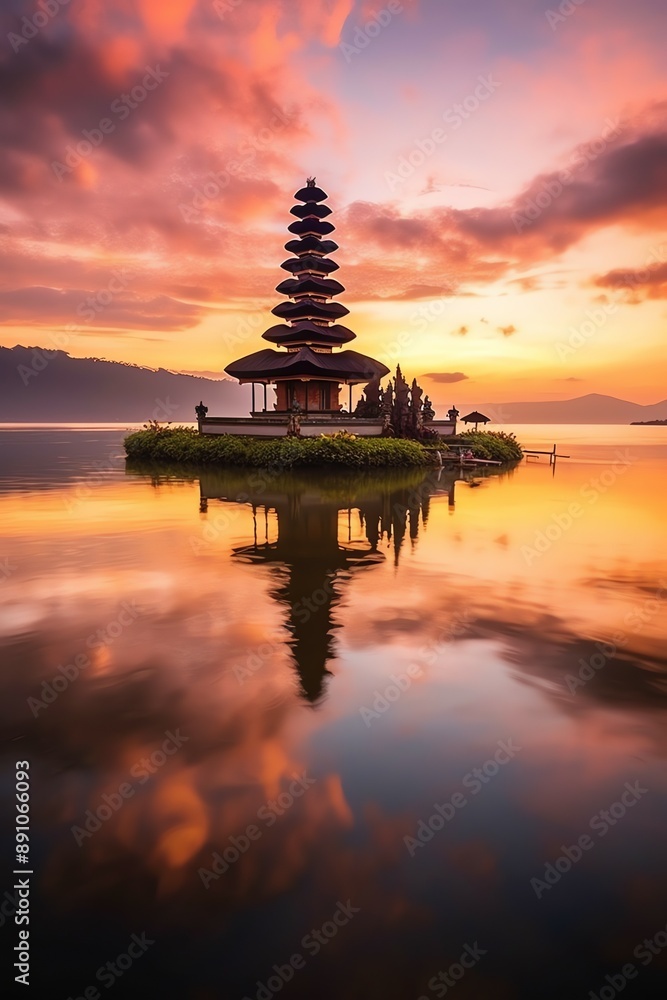 Ancient pura ulun danu bratan, besakih or famous hindu temple and tourist in bali island at sunrise Ancient pura ulun danu bratan, besakih or famous hindu temple and tourist in bali island at sunrise