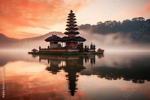 Ancient pura ulun danu bratan, besakih or famous hindu temple and tourist in bali island at sunrise