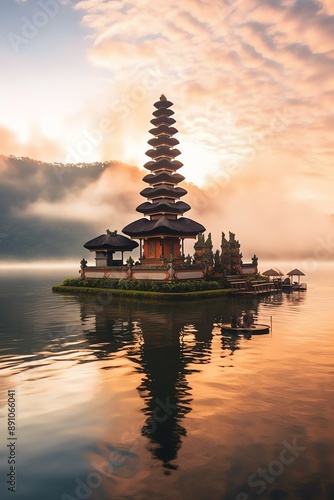 Ancient pura ulun danu bratan, besakih or famous hindu temple and tourist in bali island at sunrise