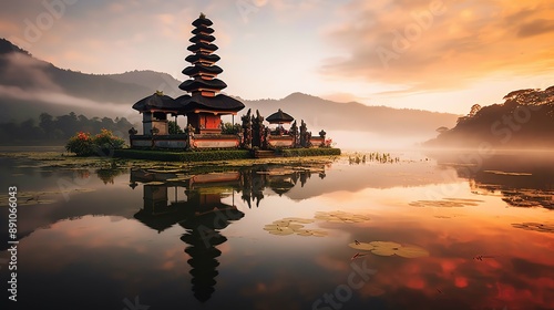 Wallpaper Mural Ancient pura ulun danu bratan, besakih or famous hindu temple and tourist in bali island at sunrise Torontodigital.ca