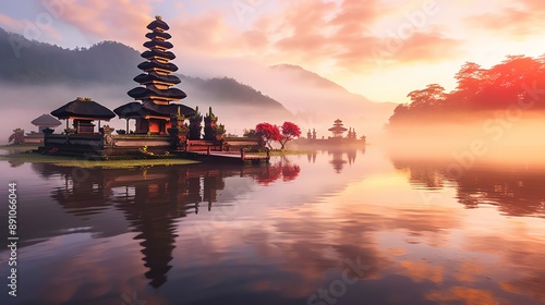 Ancient pura ulun danu bratan, besakih or famous hindu temple and tourist in bali island at sunrise