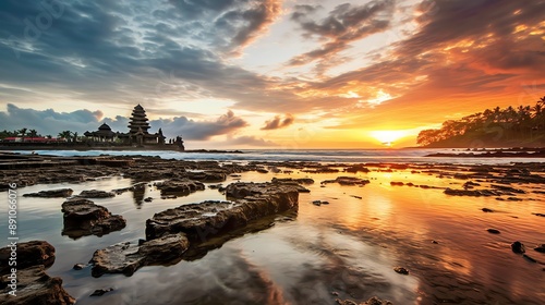 Ancient pura ulun danu bratan, besakih or famous hindu temple and tourist in bali island at sunrise