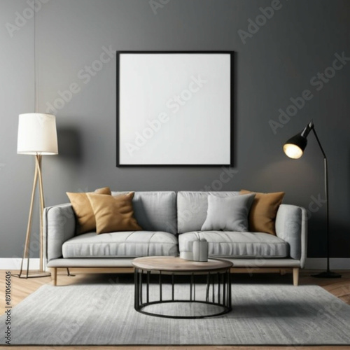 Modern living room interior with gray couch, wooden coffee table, and blank picture frame on dark gray wall