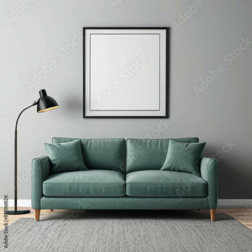 Modern living room interior with green sofa, black floor lamp, and empty picture frame on gray wall for mockup or interior design template