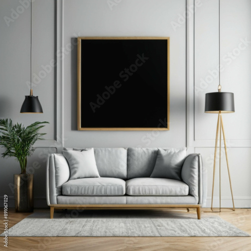 Modern living room interior with gray couch, gold frame mockup, black lamps, and plant for website or presentation template