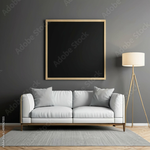 Modern living room interior with empty picture frame on dark gray wall for mockup, sofa and lamp, Isolated on transparent background, png