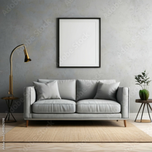 Modern living room interior with gray sofa, mockup frame on wall, floor lamp, and plant on side table, for home decor or advertisement