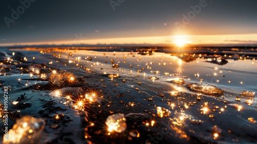 A surreal arctic vista where the traditional white snow and ice have been replaced with luminous gold. Massive golden icebergs drift in a liquid gold sea, and the golden tundra extends to the