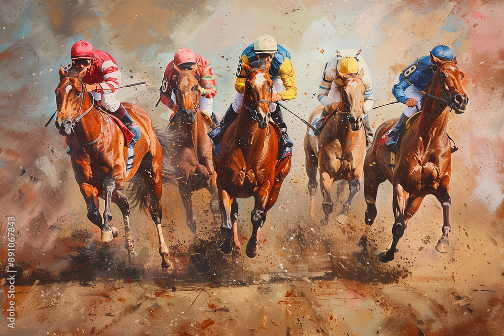 © pijav4uk - Experience the excitement as powerful and elegant thoroughbred horses compete in a thrilling race, showcasing their speed and agility in a beautiful equine display of athleticism and grace.