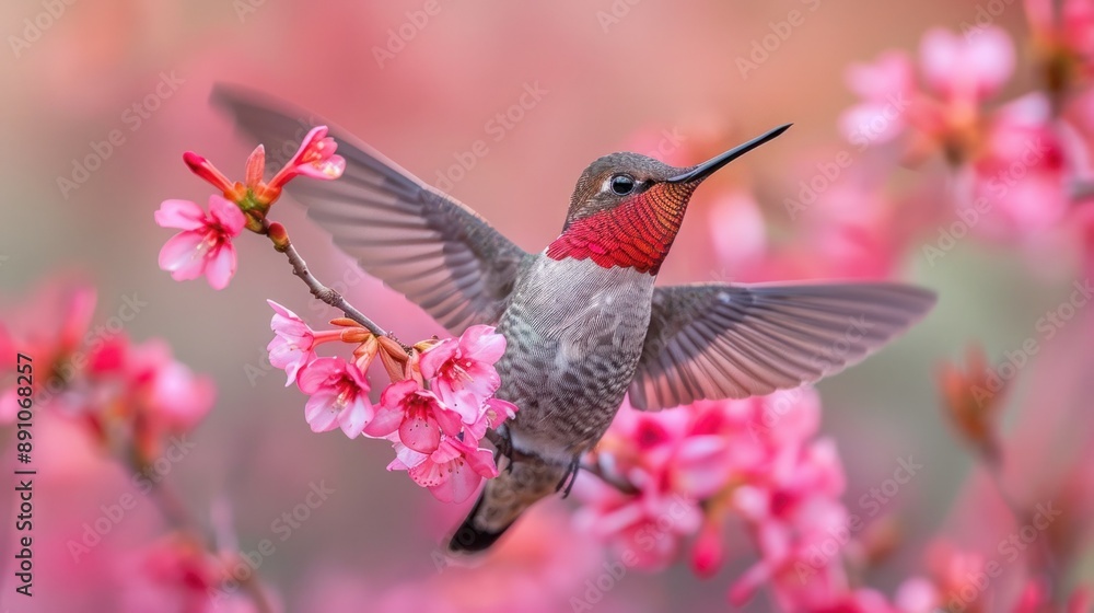 Naklejka premium Male Anna's Hummingbird Approaching Colorful Flowers