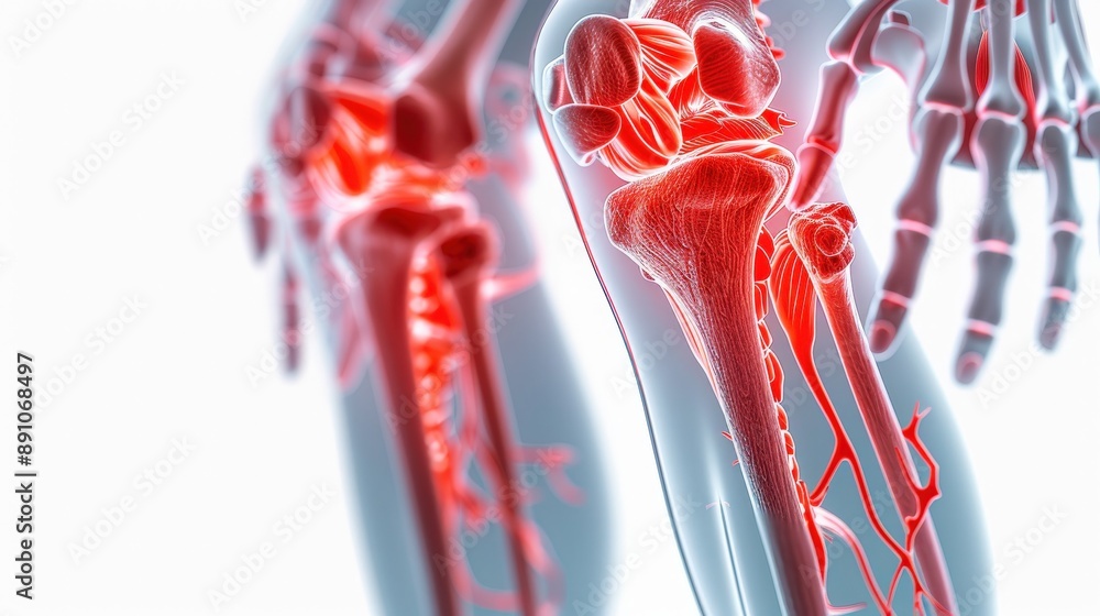Detailed 3D rendering of human knee joints with highlighted bones and ...