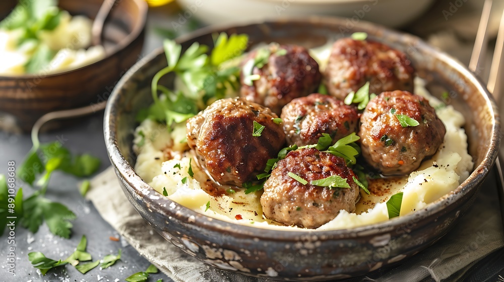 Fried meatballs with mashed potatoes and fresh herbs on a table Fried meatballs with mashed potatoes and fresh herbs on a table