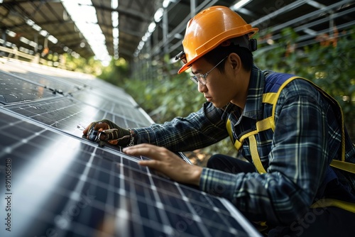 Asian engineer developing and checking a photovoltaic solar panel - Generative AI 