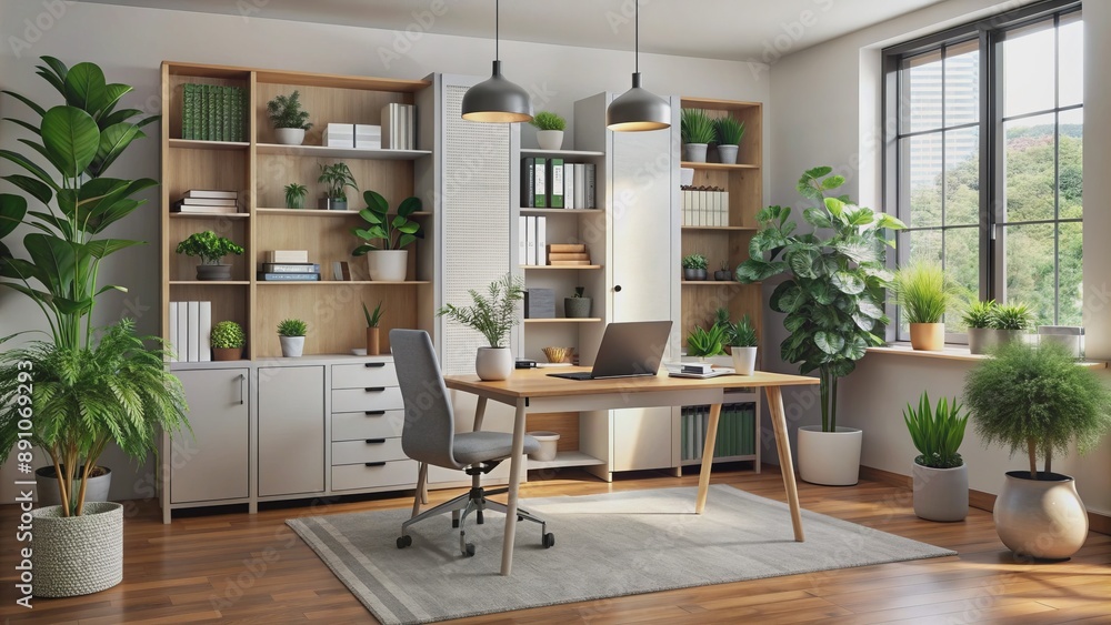Modern home office setup in living room with sleek cabinet, shelves, and wardrobe, amidst potted plants, files, and decorative items for remote work during pandemic. Modern home office setup in living room with sleek cabinet, shelves, and wardrobe, amidst potted plants, files, and decorative items for remote work during pandemic.