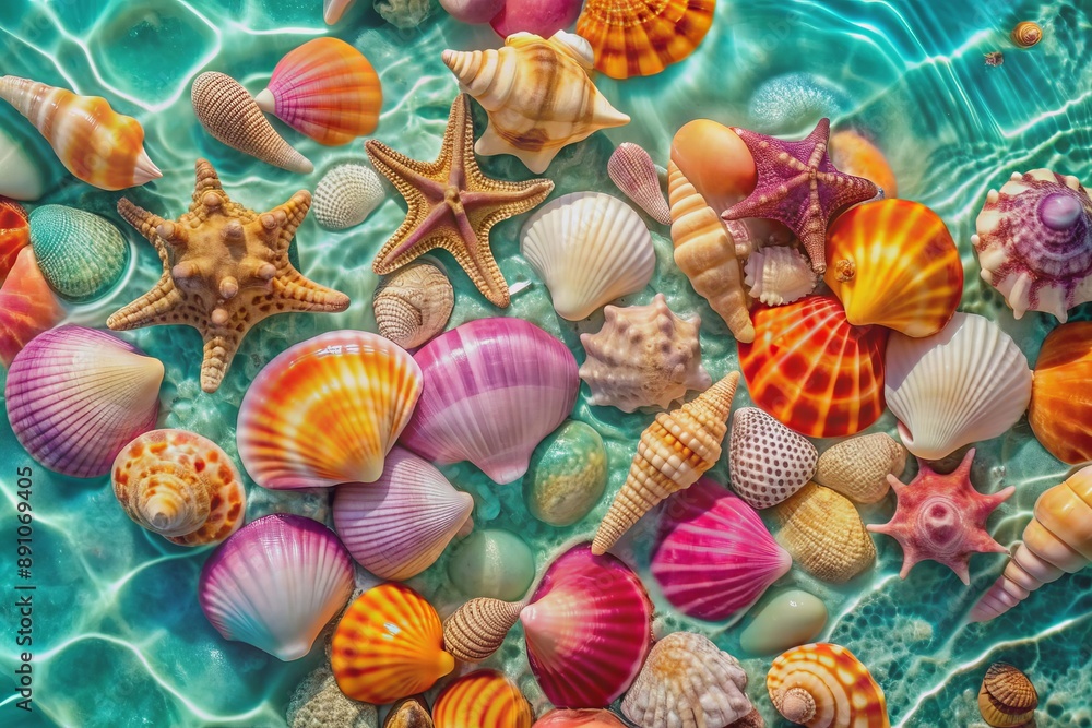 Vibrant tropical sea shells in shades of pink, orange, and turquoise float on calm turquoise water, capturing the essence of a serene summer getaway. Vibrant tropical sea shells in shades of pink, orange, and turquoise float on calm turquoise water, capturing the essence of a serene summer getaway.