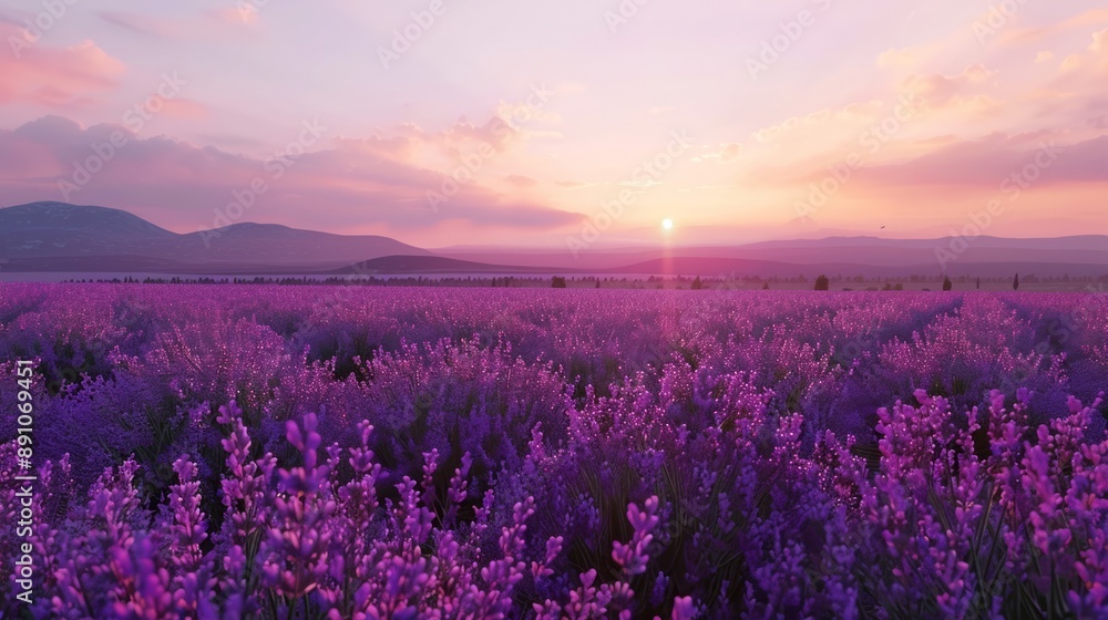 Naklejka premium Lavender Field at Dusk: A vast field of lavender stretching towards the horizon, its purple hues deepening in the twilight. The air is filled with the calming scent of lavender, and gentle evening bre