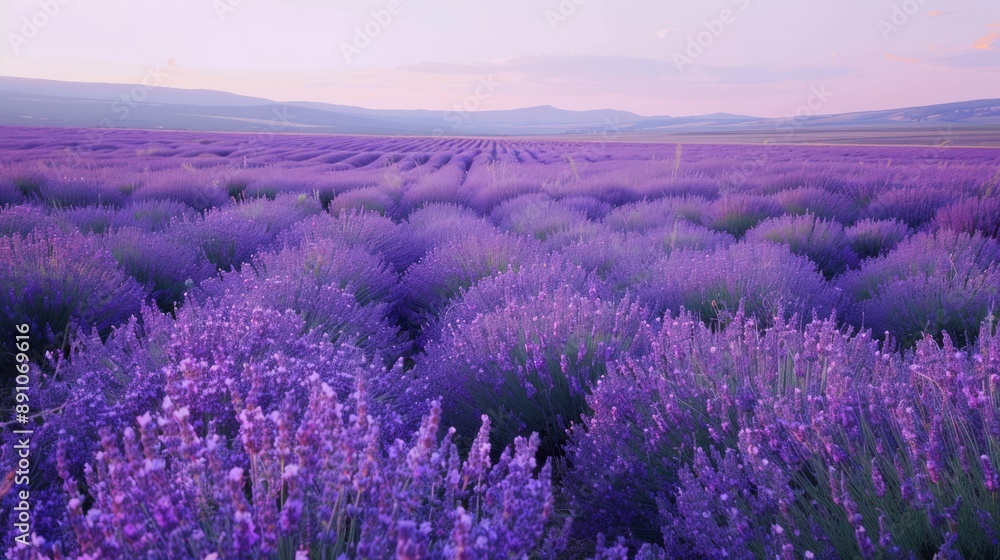 Lavender Field at Dusk: A vast field of lavender stretching towards the horizon, its purple hues deepening in the twilight. The air is filled with the calming scent of lavender, and gentle evening bre Lavender Field at Dusk: A vast field of lavender stretching towards the horizon, its purple hues deepening in the twilight. The air is filled with the calming scent of lavender, and gentle evening bre