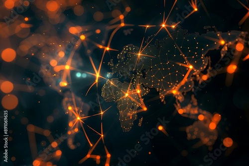 Abstract digital artwork featuring interconnected nodes and glowing pathways, symbolizing global connectivity against a dark backdrop with subtle world map elements. © NOH