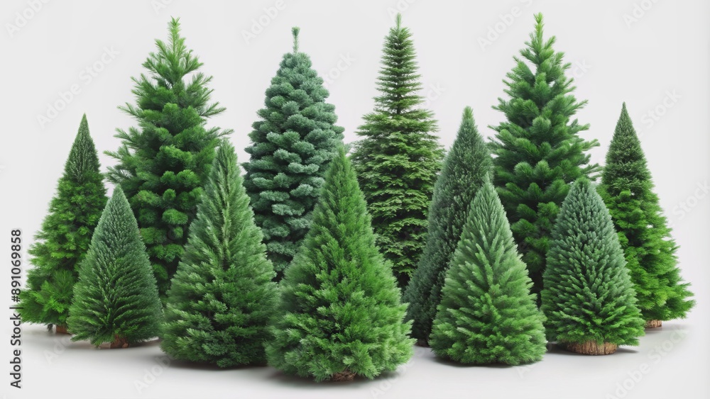 Freshly cut festive green Christmas trees of various shapes and sizes stand upright, densely packed, on a clean isolated white background, awaiting decoration. Freshly cut festive green Christmas trees of various shapes and sizes stand upright, densely packed, on a clean isolated white background, awaiting decoration.