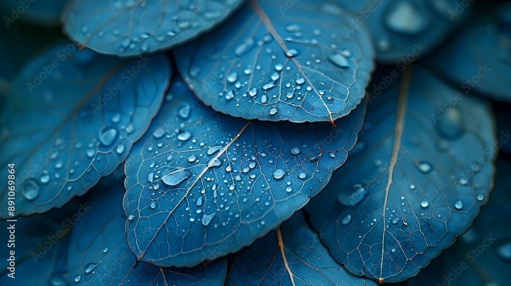Obraz premium A design of artistic rendering of a leaf with blue hues and vibrant colors, illustration background.