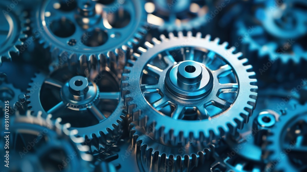 A close up of a bunch of gears with a metallic look. The gears are all different sizes and shapes, but they all have a similar design. Concept of precision and complexity A close up of a bunch of gears with a metallic look. The gears are all different sizes and shapes, but they all have a similar design. Concept of precision and complexity
