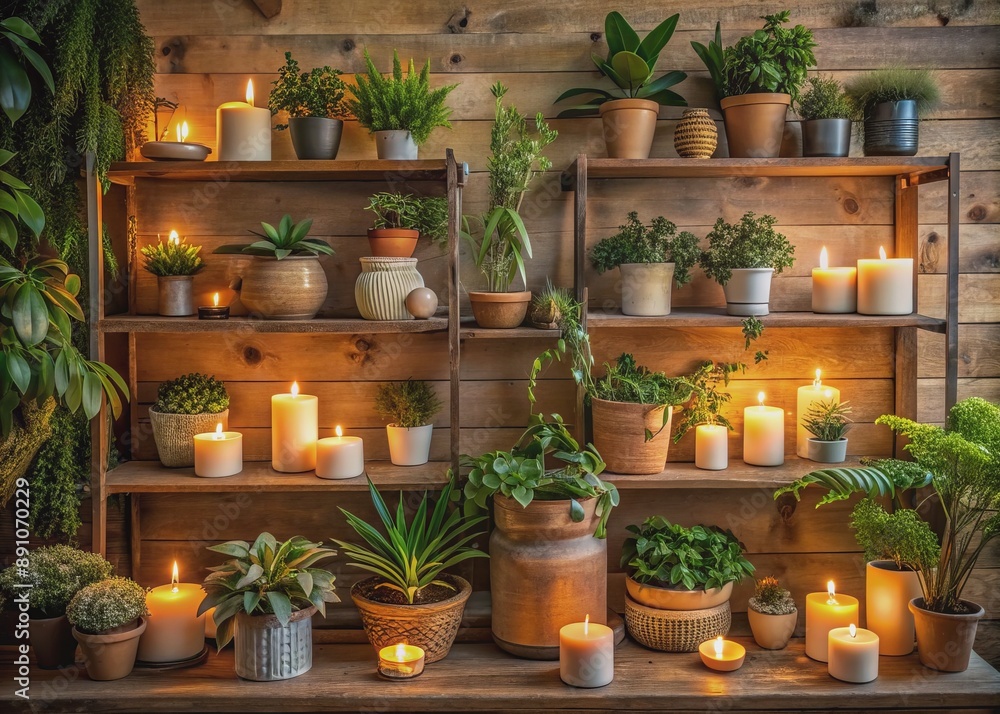 Warm candles and lush potted plants adorn rustic wooden shelves, creating a cozy corner with natural elements and soft, inviting warm lighting. Warm candles and lush potted plants adorn rustic wooden shelves, creating a cozy corner with natural elements and soft, inviting warm lighting.